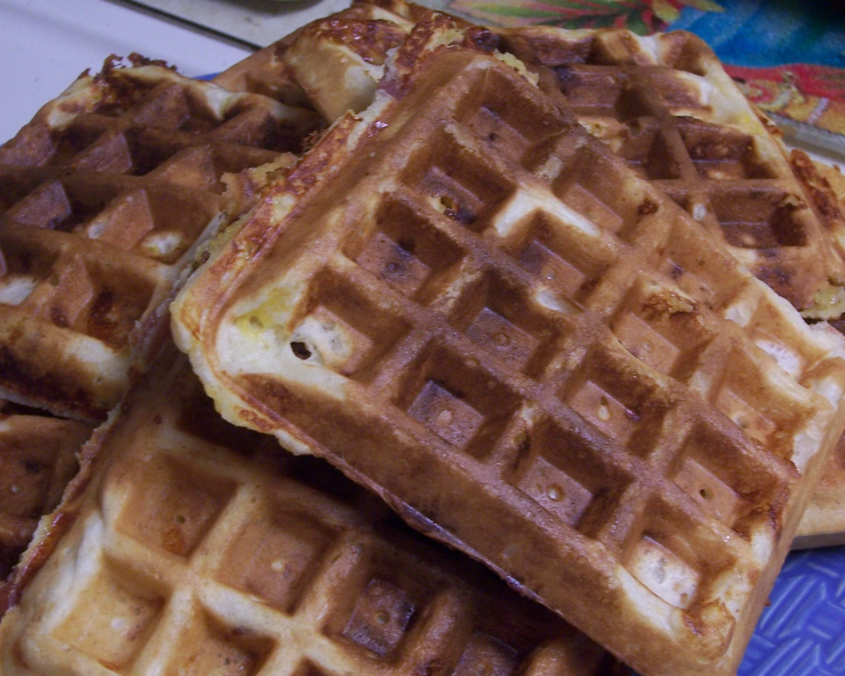 Cheesy Bacon Waffles with Sliced Eggs