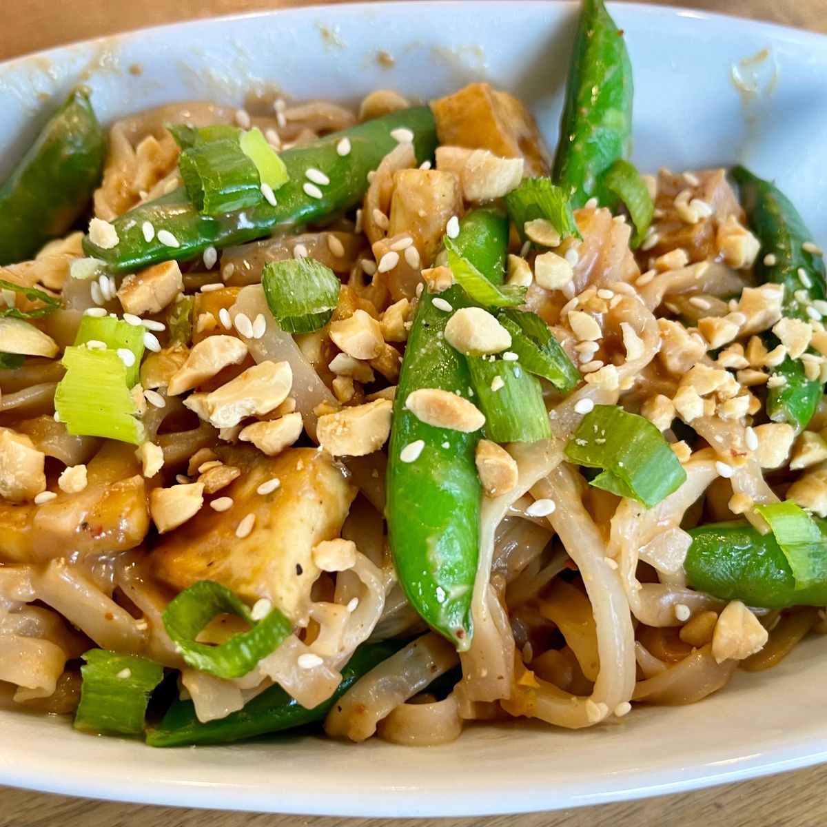 Sesame-Ginger Glazed Tofu with Snap Peas and Rice Noodles