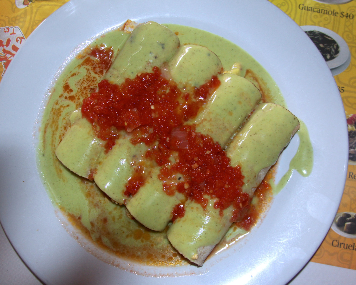 Pumpkin Seed Sauce Papadzules with Fried Eggs
