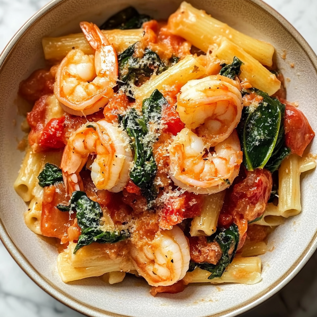 One-Pot Tomato Spinach Pasta with Shrimp