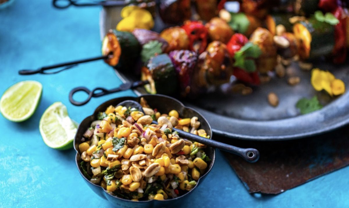 Grilled Vegetable and Corn Skewers with Cilantro Salsa