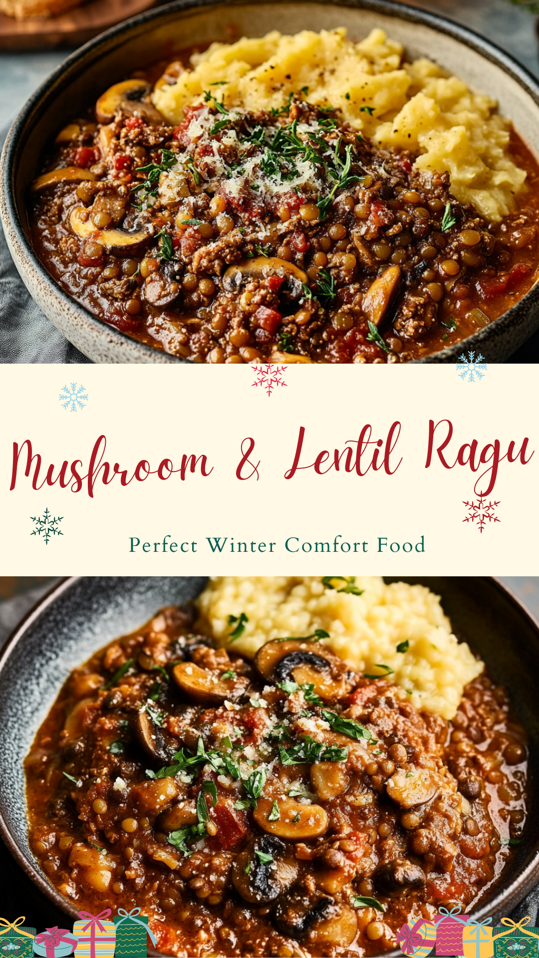 Lentil and Mushroom Ragù over Whole Wheat Pasta