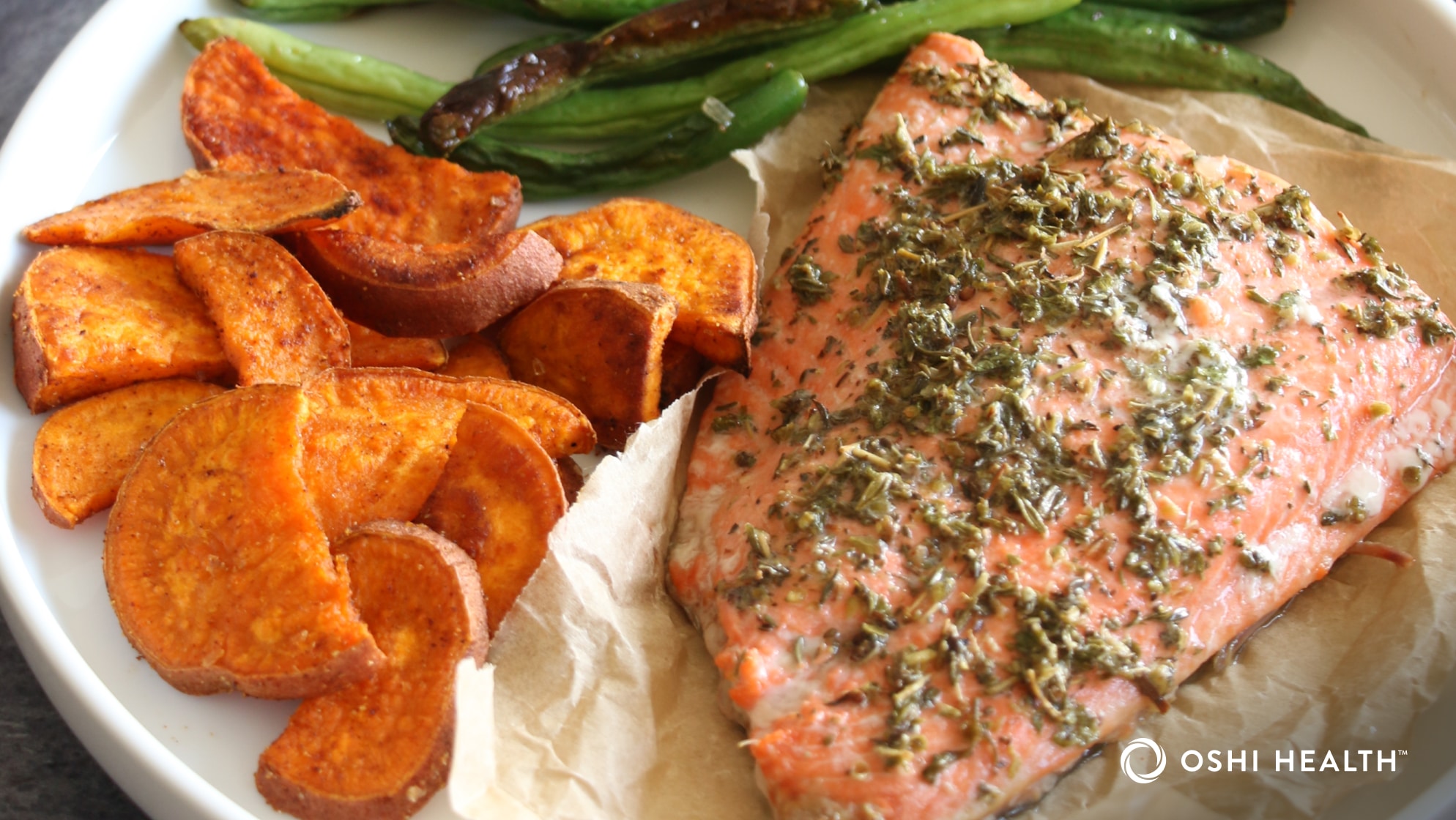Honey-Glazed Salmon with Roasted Sweet Potatoes and Green Beans