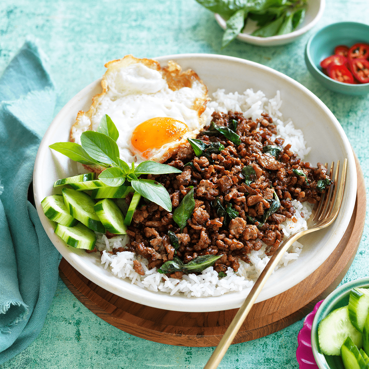 Thai Basil Pork Stir-Fry with Korean Gochujang Glaze and Vietnamese Vermicelli