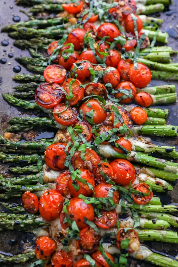 Saffron-Scented Salmon with Roasted Asparagus and Cherry Tomatoes