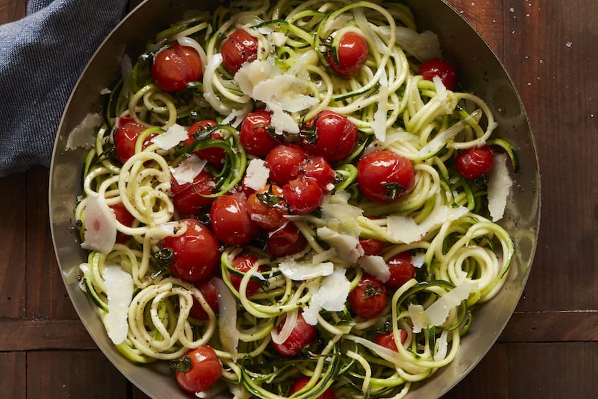 Sautéed Zucchini Noodles with Roasted Cherry Tomatoes and Garlic