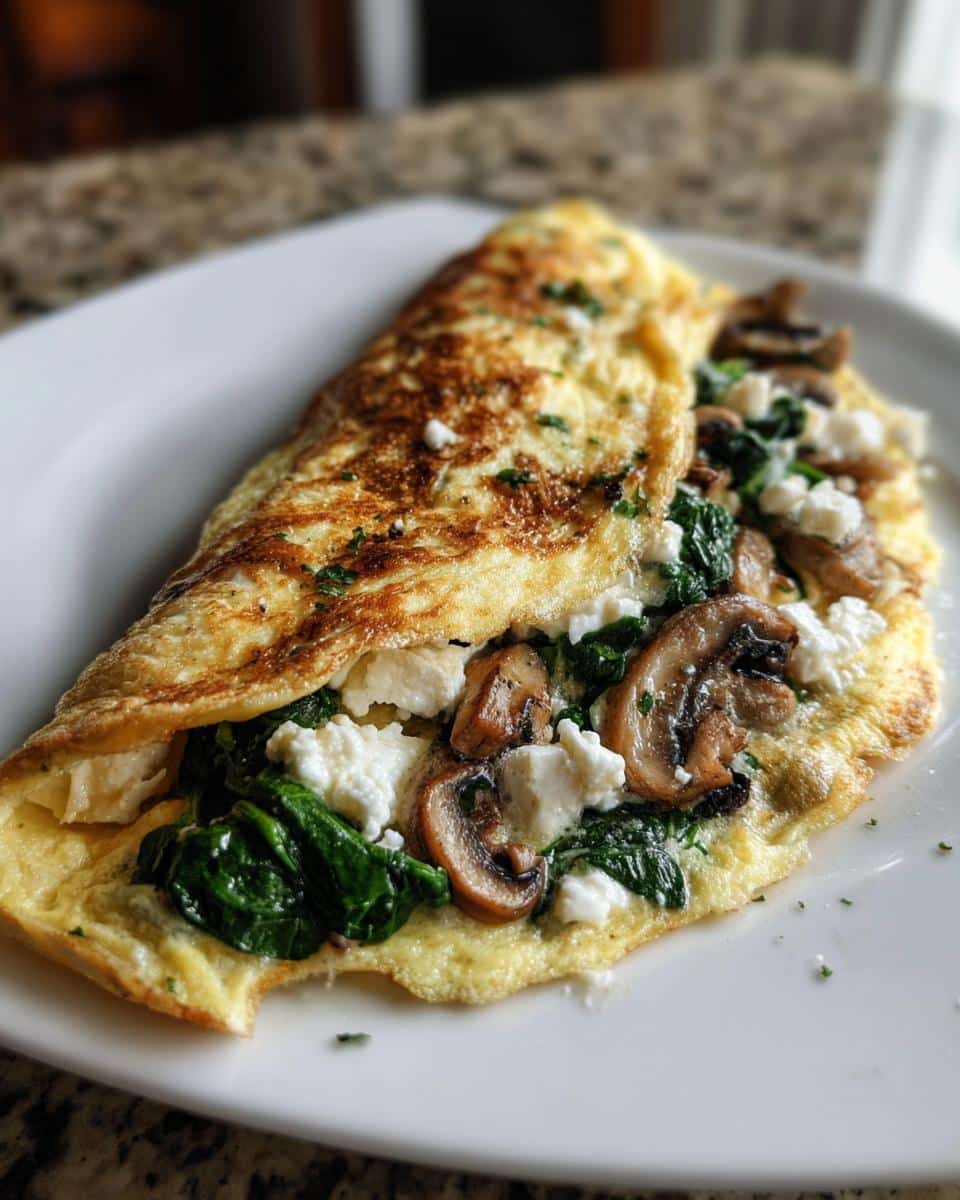 Sautéed Spinach and Mushroom Omelette with Crumbled Feta