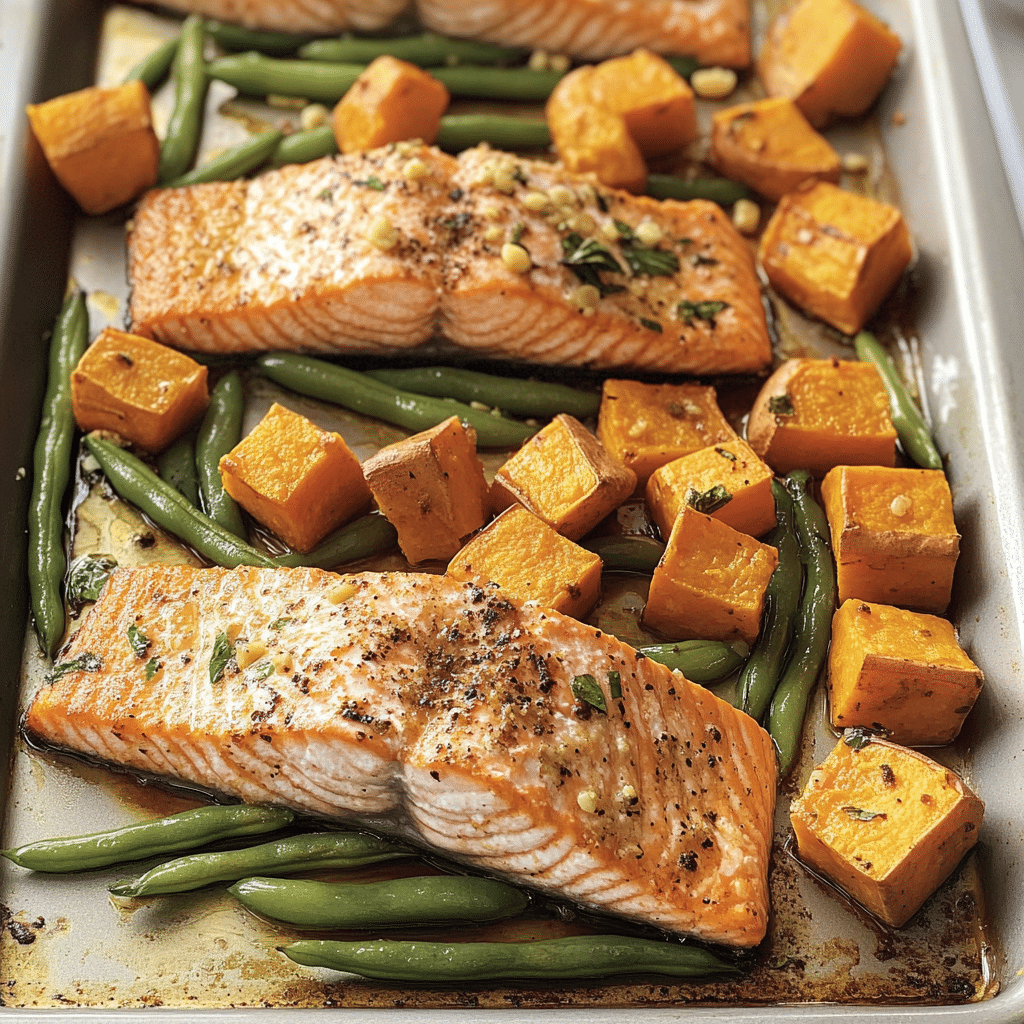 Baked Lemon-Dill Salmon with Roasted Potatoes and Green Beans