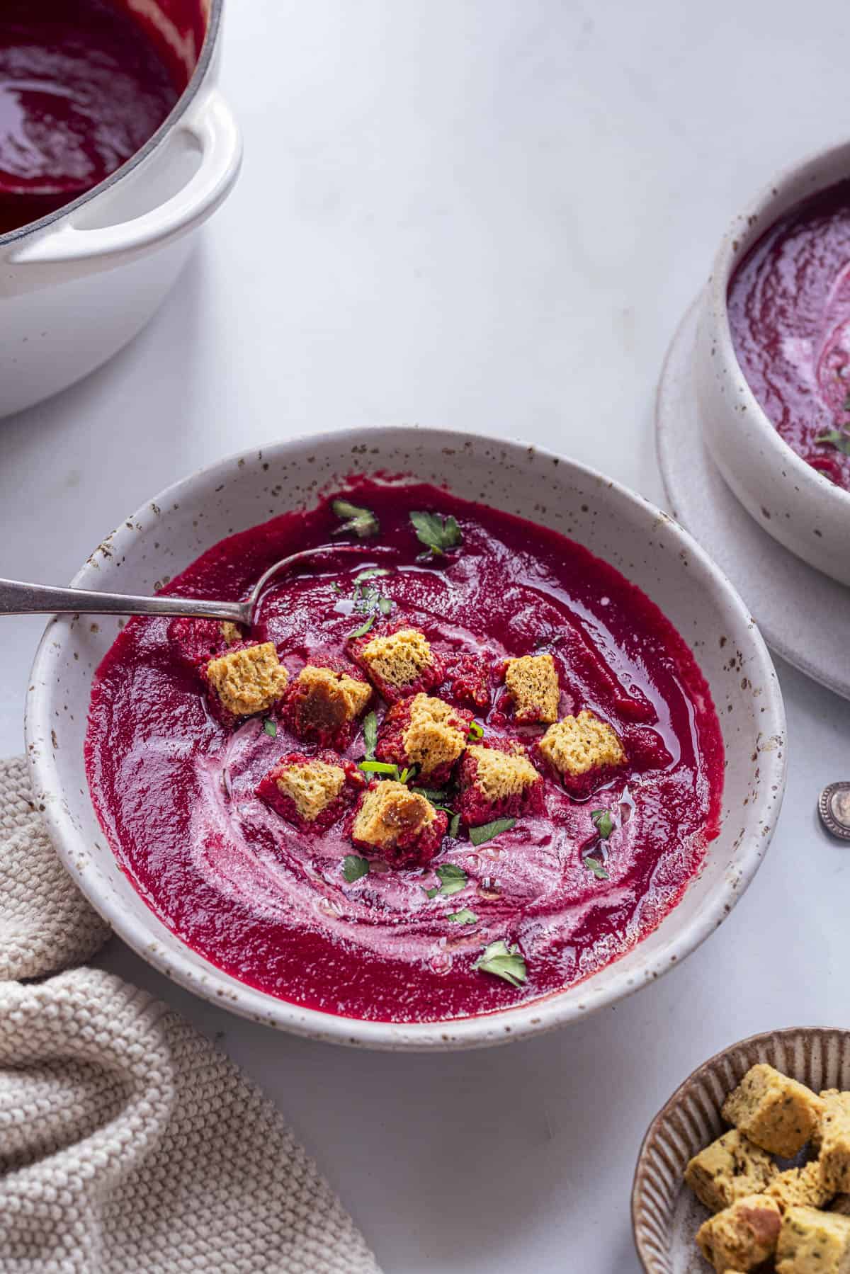 Creamy Beetroot and Apple Soup with Mustard Croutons