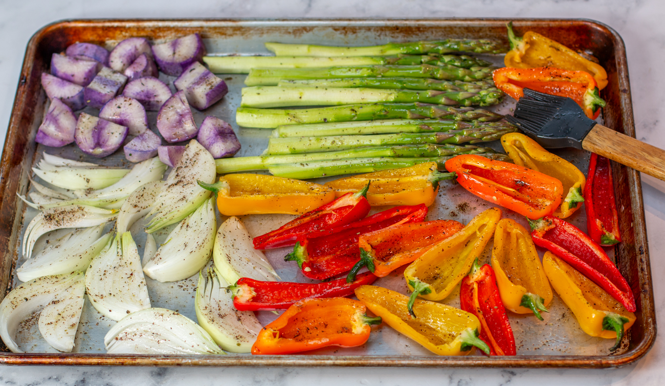 Herb-Roasted Rainbow Vegetables with Lemon-Tahini Drizzle