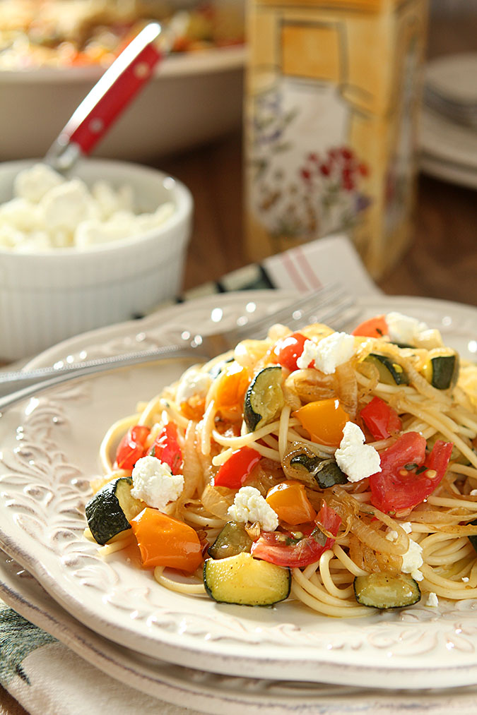 Spaghetti with Roasted Vegetable and Goat Cheese