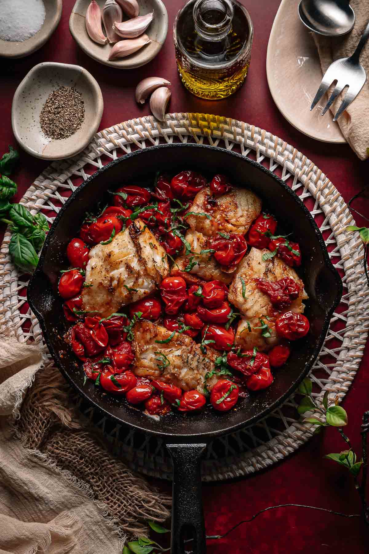 Pan-Seared Cod with Roasted Cherry Tomatoes and Garlic