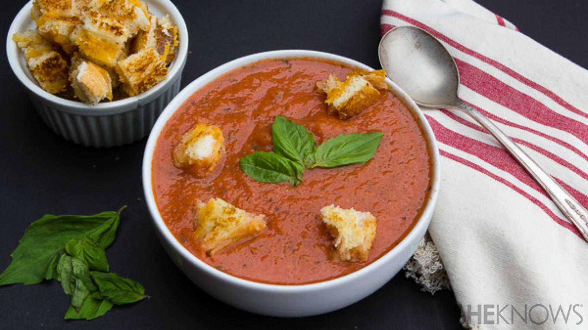 Slow-Simmered Tomato Basil Soup with Herb Croutons