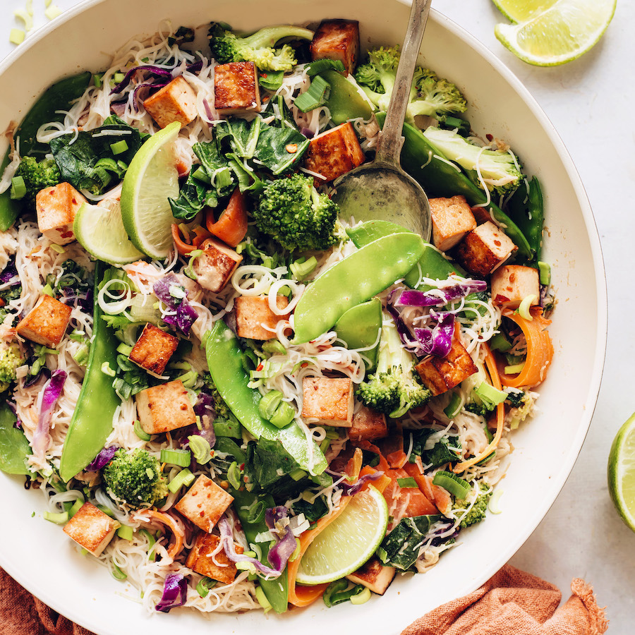 Spring Vegetable Stir-Fry with Tofu and Rice Noodles