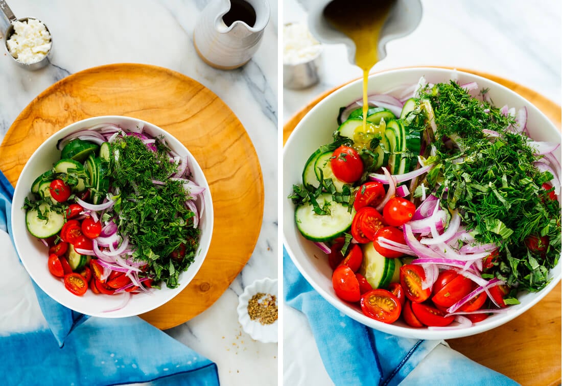 Cucumber and Tomato Flatbread Salad with Sumac Dressing