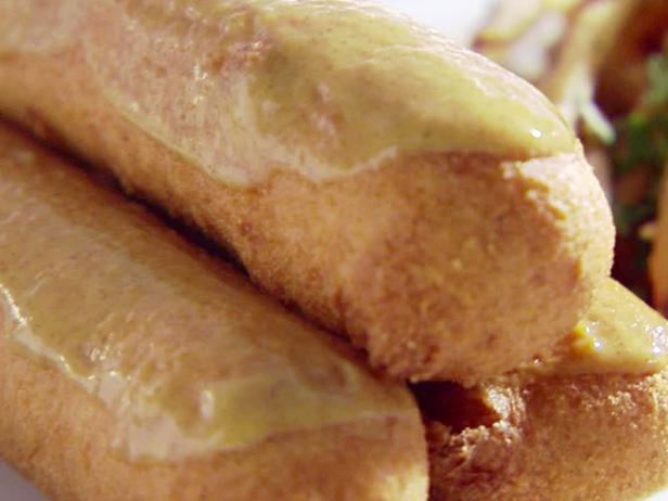 Baked Corn Dog Skewers with Mustard Dip