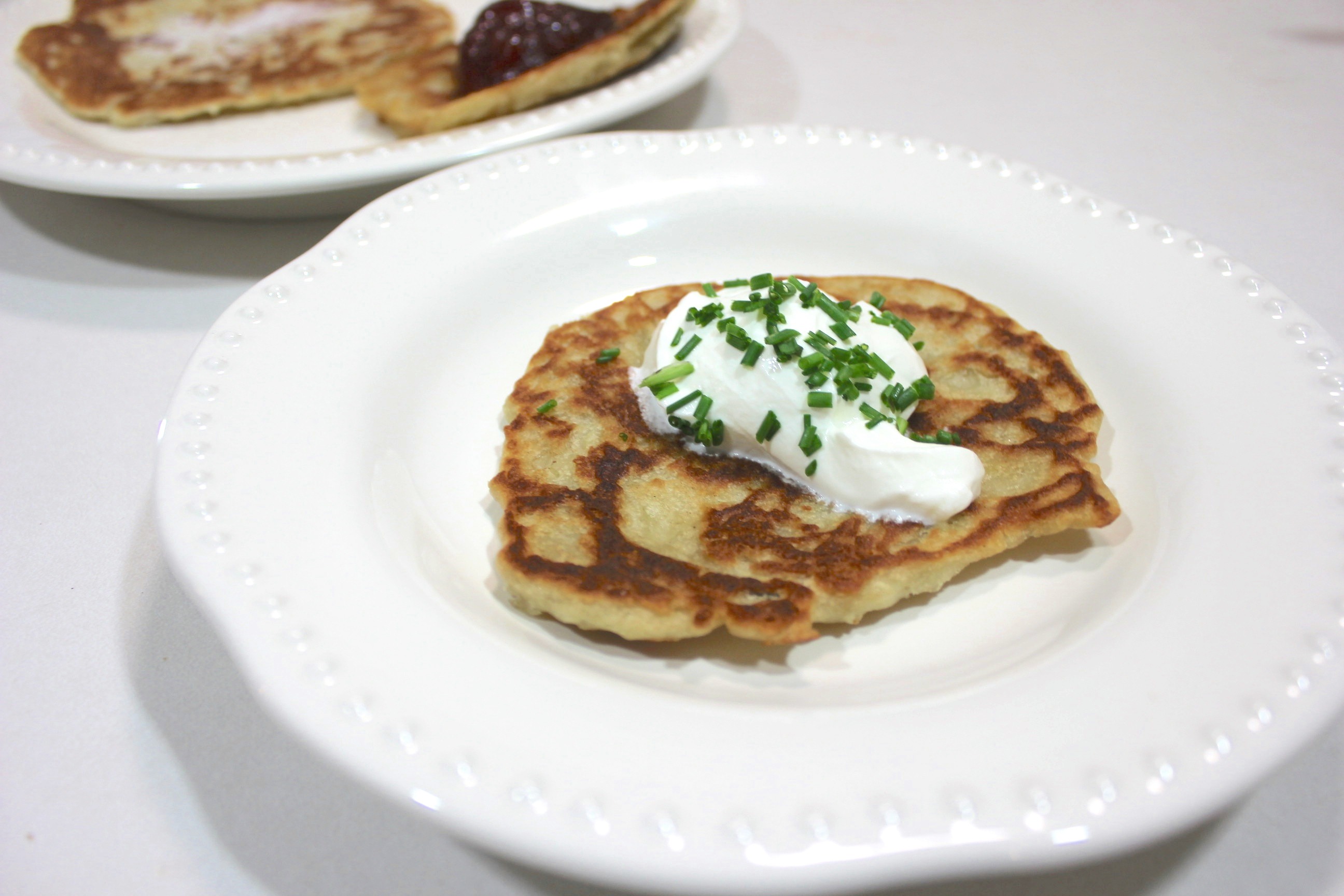 Pan-Fried Boxty Pancakes with Scallions and Sour Cream