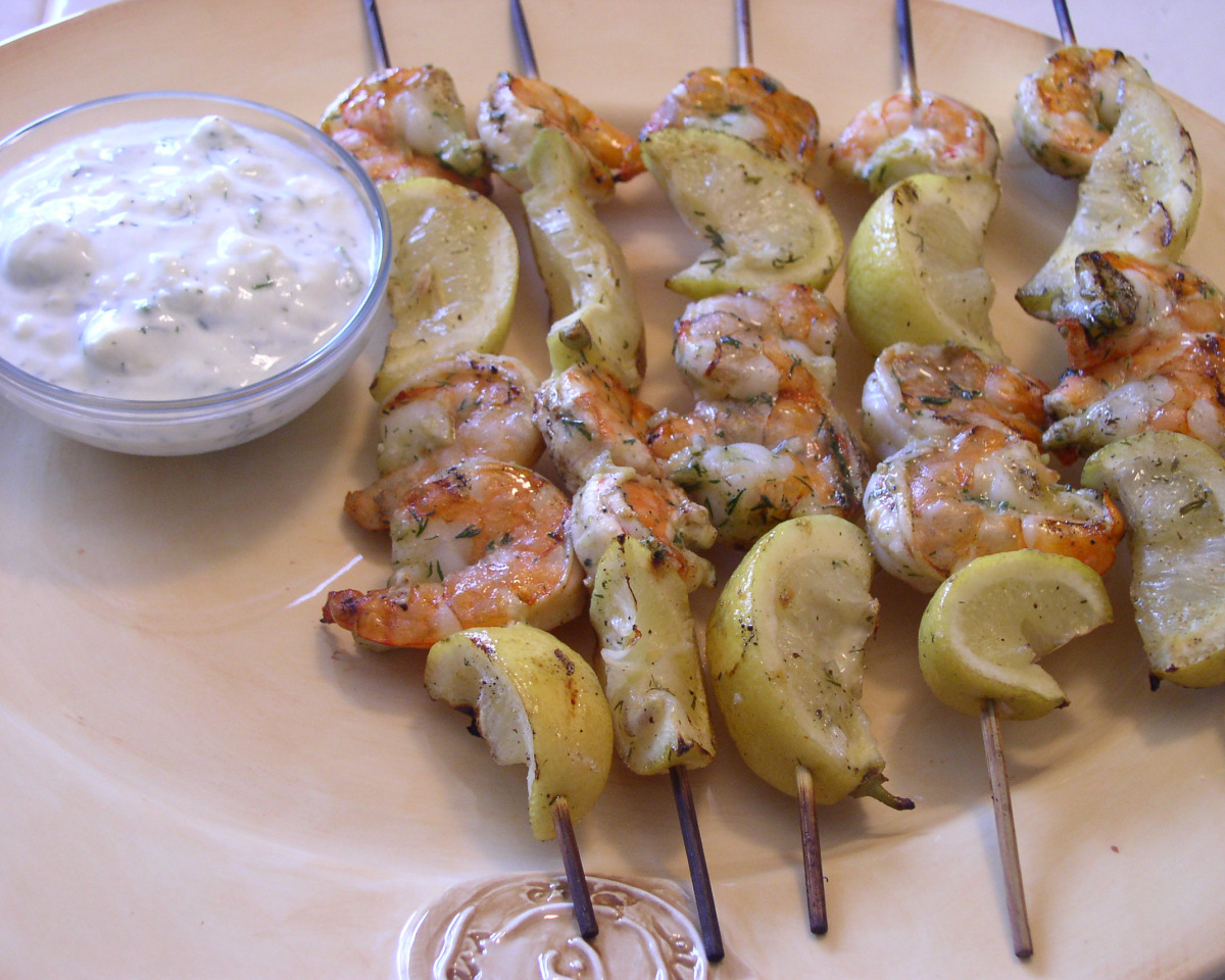 Grilled Chicken and Shrimp Skewers with Lemon-Dill Sauce