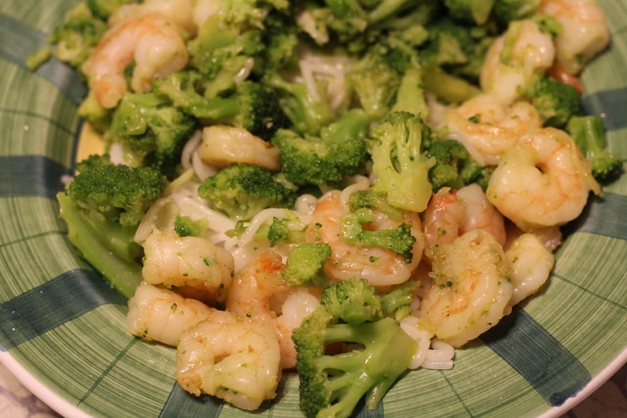 Shrimp and Broccoli Stir-Fry with Ginger and Garlic Over Rice Noodles