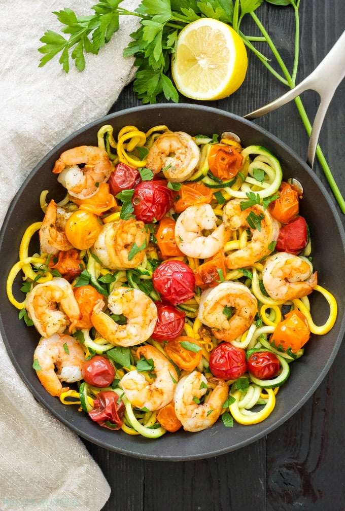 Sautéed Shrimp with Zucchini Noodles and Cherry Tomatoes