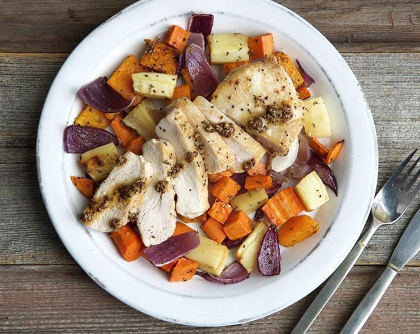 Slow Cooker Honey-Mustard Chicken with Roasted Root Vegetables