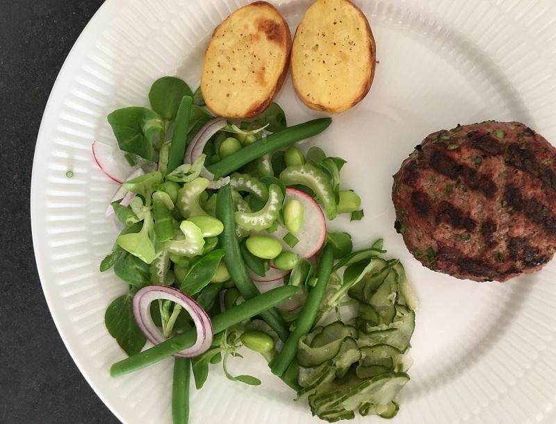 Grilled Beef Patties with Cucumber Pickles and Basil Oil