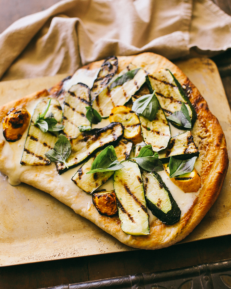 Grilled Zucchini Pizza with Tomato Basil Sauce and Sausage