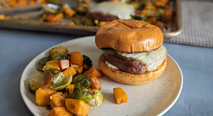 Sheet Pan Herb-Crusted Beef Burgers with Roasted Vegetables