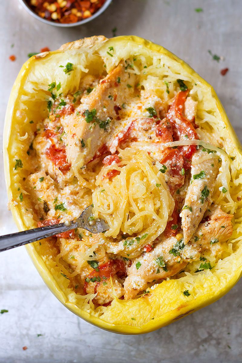 Spaghetti Squash with Herb-Roasted Chicken and Sun-Dried Tomatoes