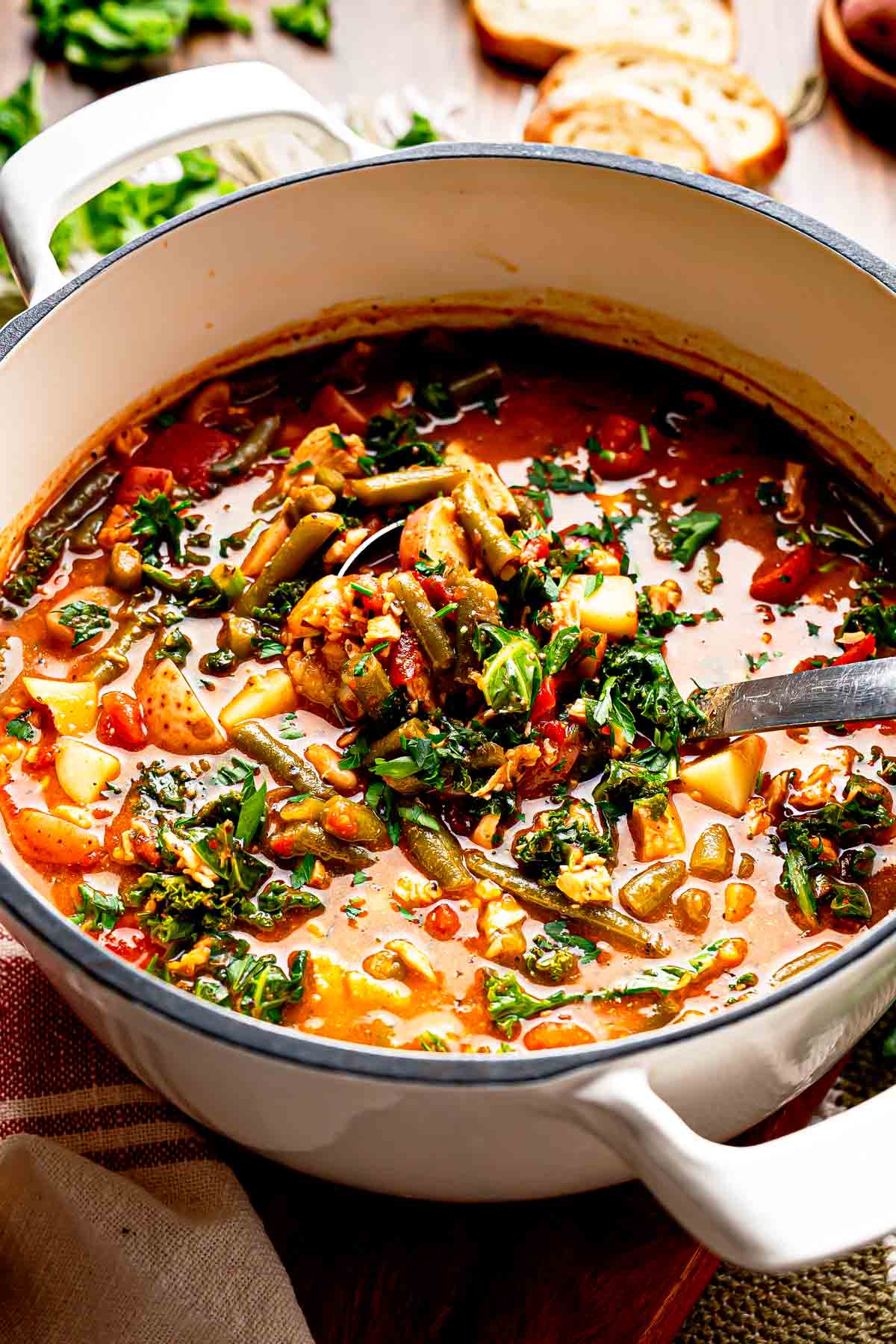 Creamy Chicken Pesto Soup with Garden Vegetables
