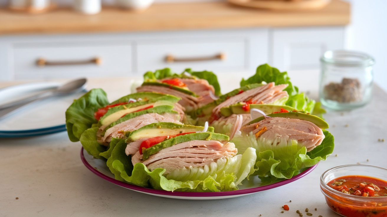 Grilled Turkey Lettuce Wraps with Avocado Lime Dressing
