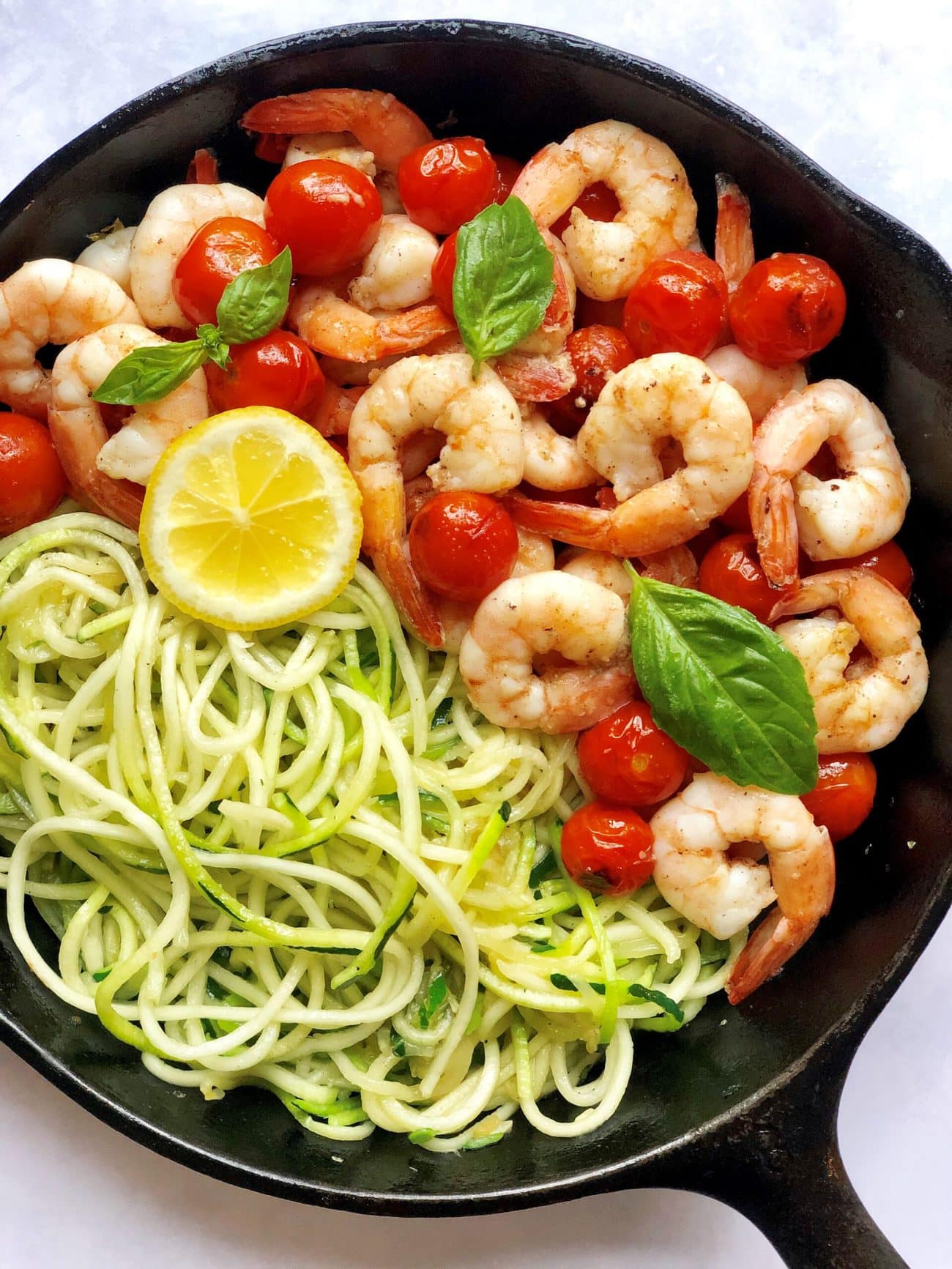Sautéed Shrimp with Zucchini Noodles and Fresh Basil