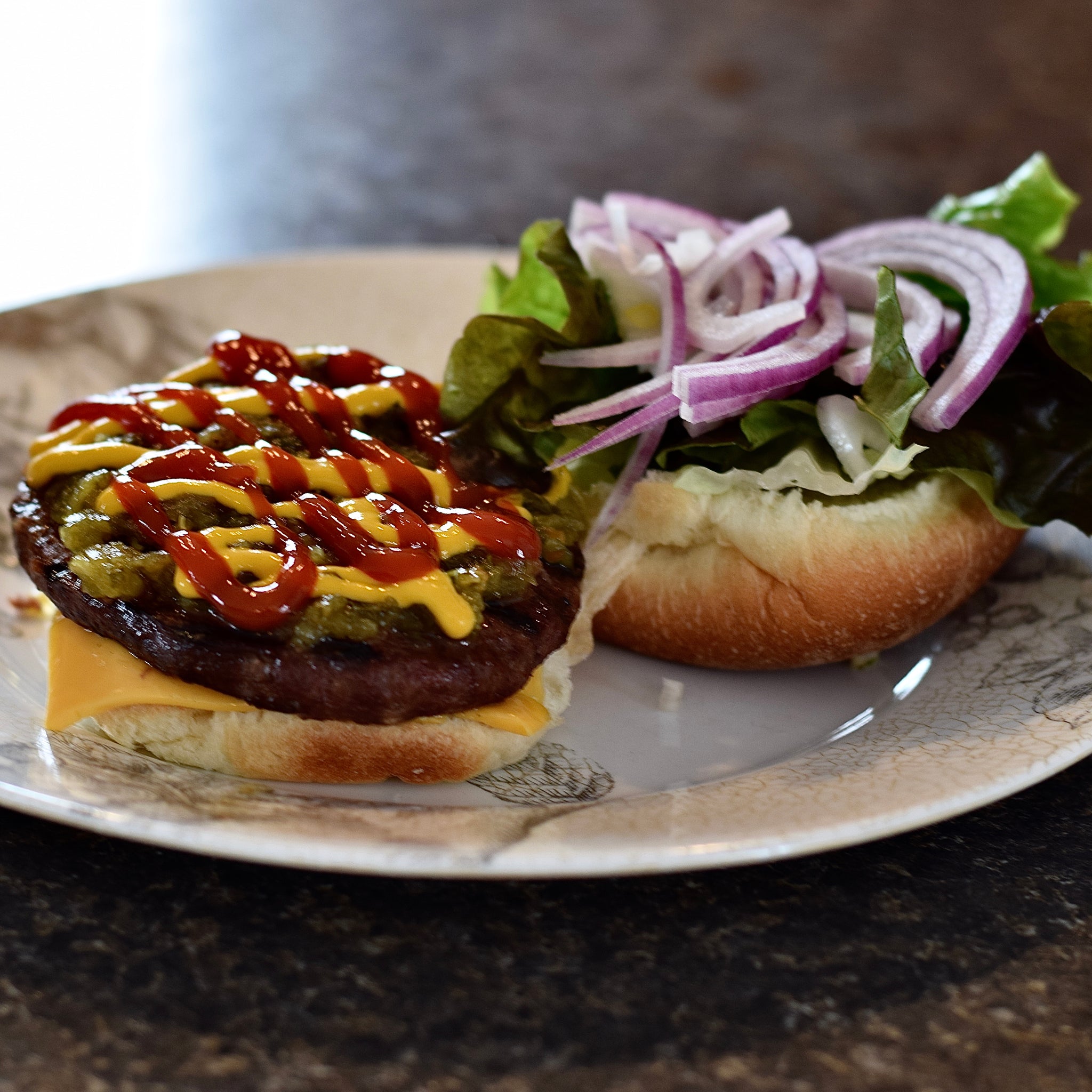 Grass-Fed Beef Burger with Cucumber Relish