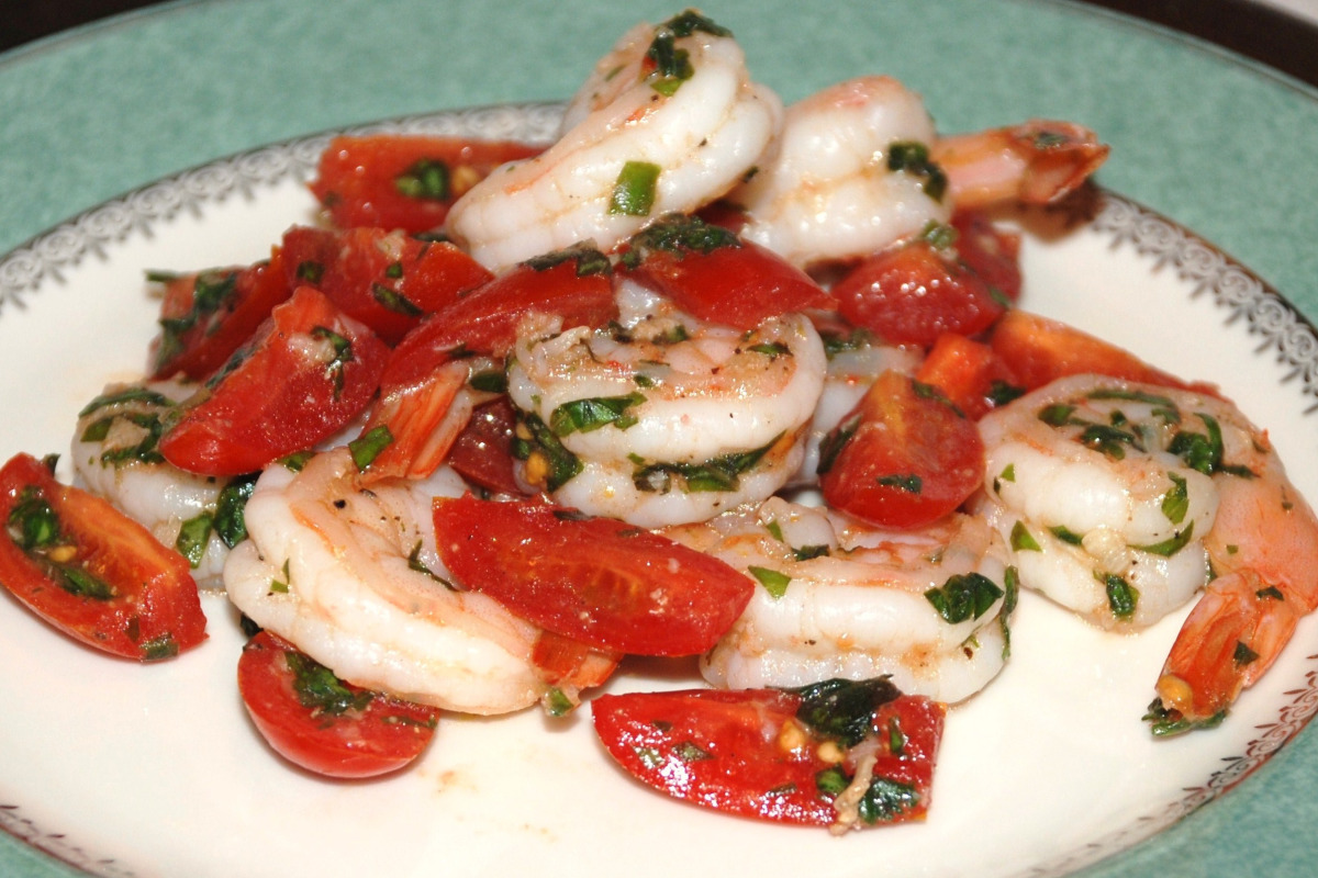 Basil-Olive Oil Marinated Shrimp with Cherry Tomatoes
