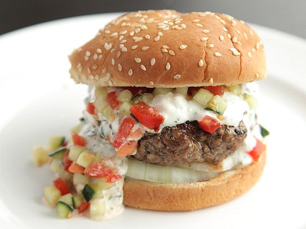 Pan-Seared Beef Burgers with Cucumber Relish and Basil Oil