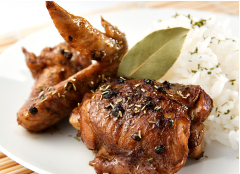 Braised Chicken Adobo with Garlic and Bay Leaves