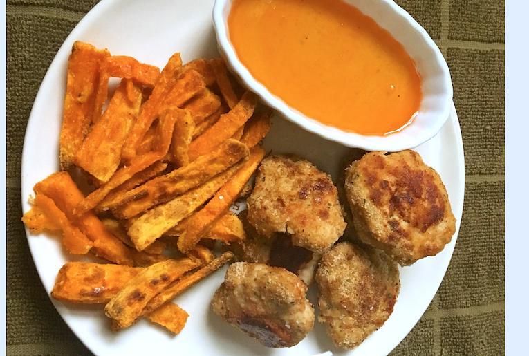 Mini Herb-Crusted Chicken Nuggets with Sweet Potato Fries