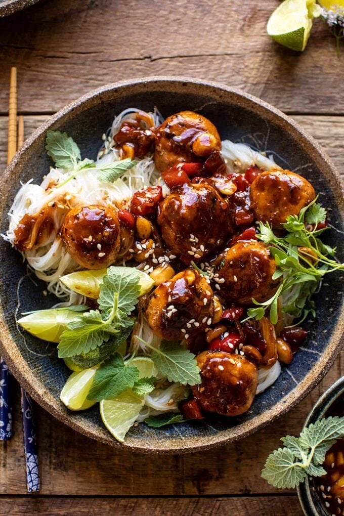 Baked Cilantro-Mint Meatballs with Rice Noodles