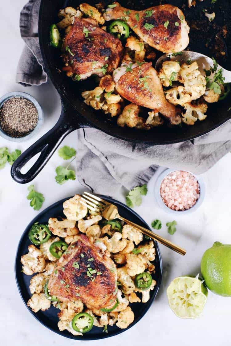 Crispy Garlic-Herb Chicken Thighs with Cauliflower Mash