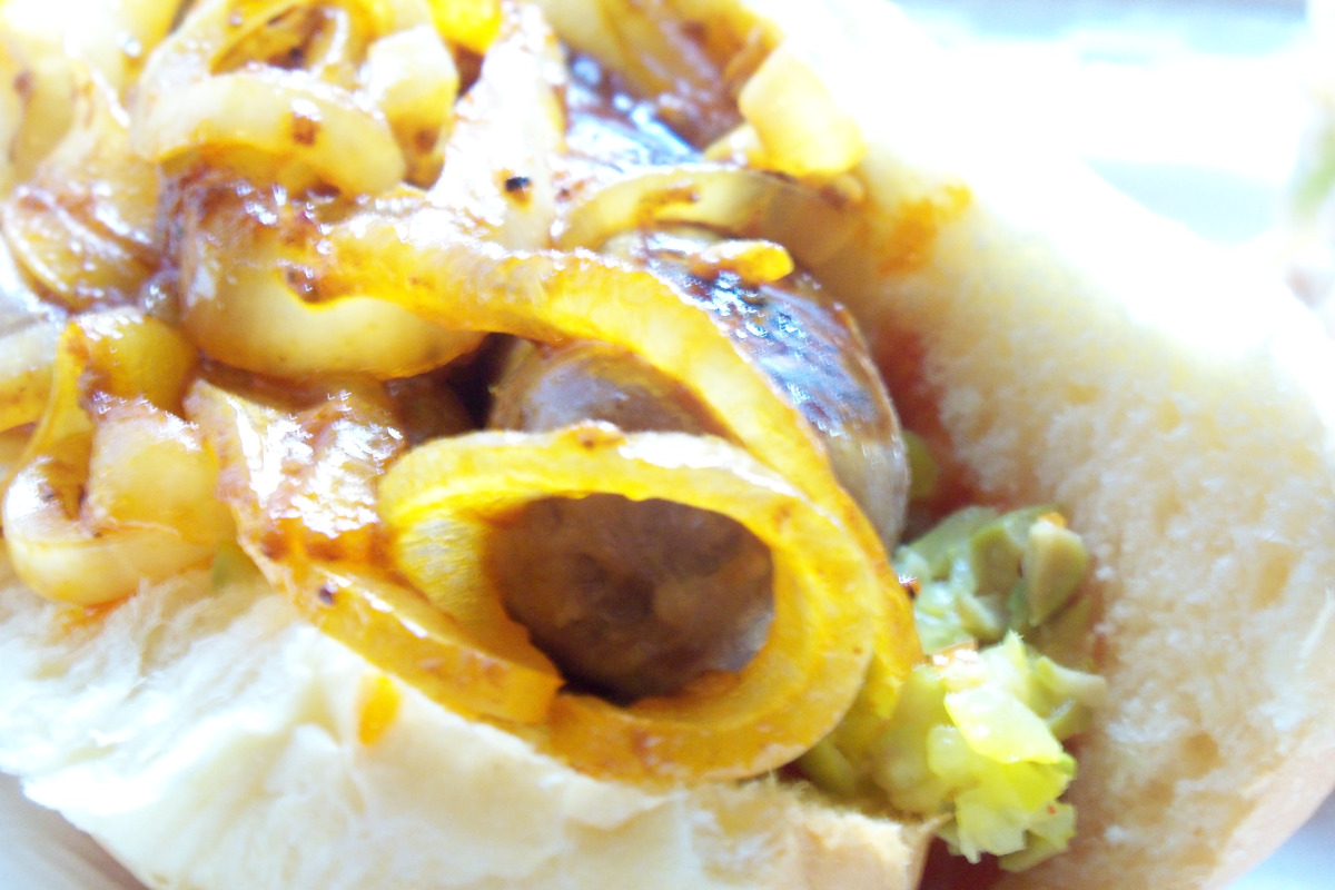 Caramelized Onion and Mustard Bratwurst