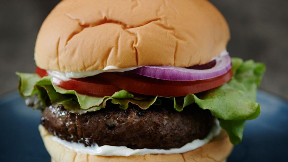 Grass-Fed Beef Burger with Cucumber Pickle Salad and Basil Olive Oil