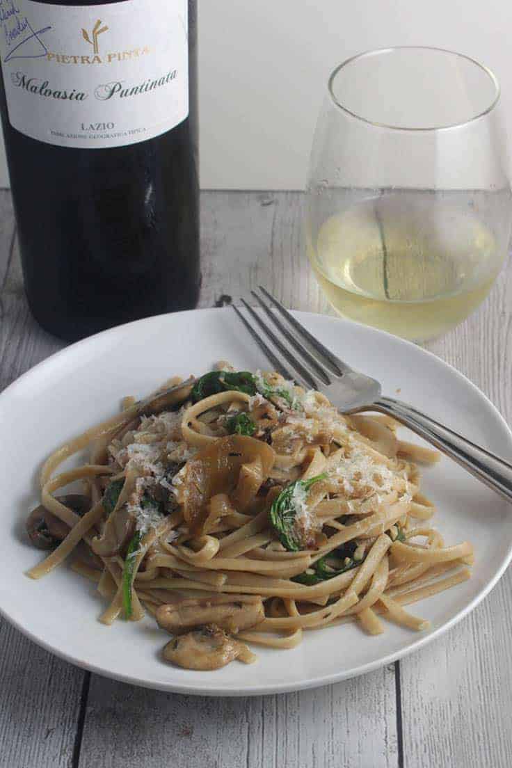 Sautéed Mushroom Pasta with Spinach and White Wine