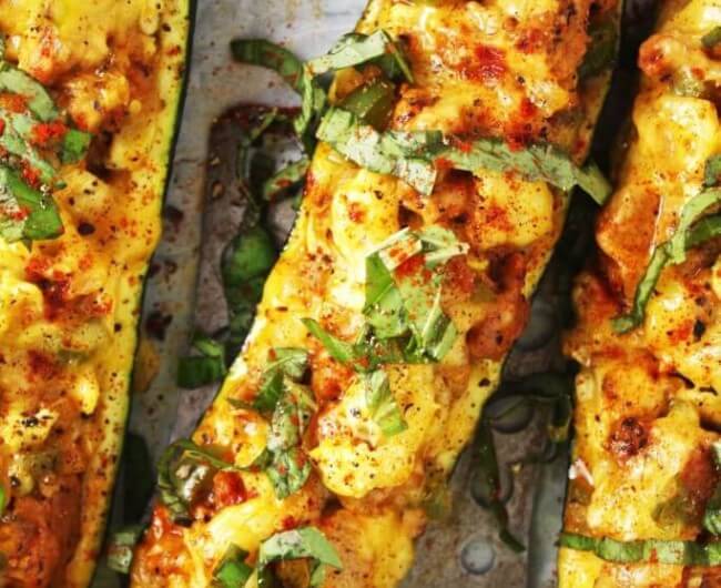 Sausage and Cheddar Stuffed Zucchini Boats