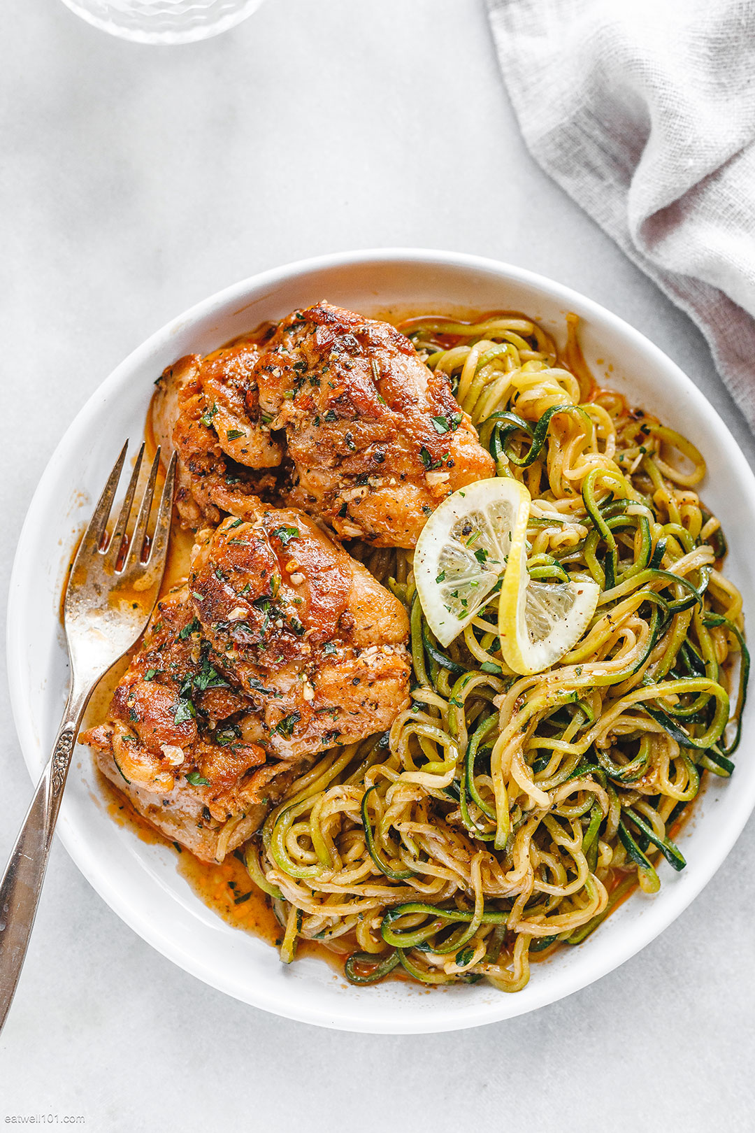 Lemon-Garlic Chicken Thighs with Zucchini Noodles