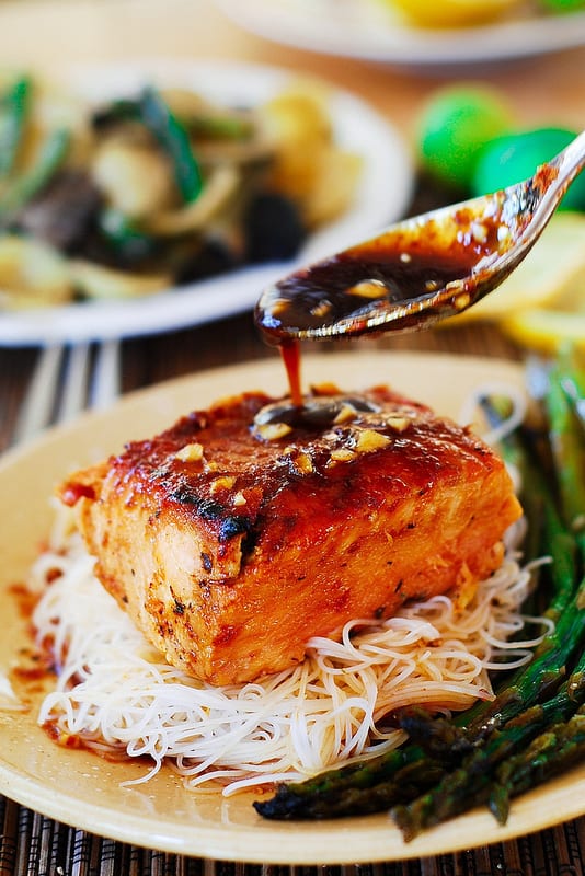 Miso-Glazed Salmon with Asparagus and Rice Noodles