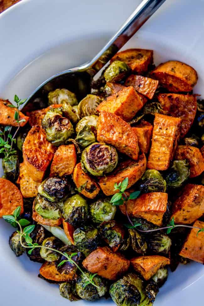 Maple-Glazed Roasted Sweet Potato and Brussels Sprouts