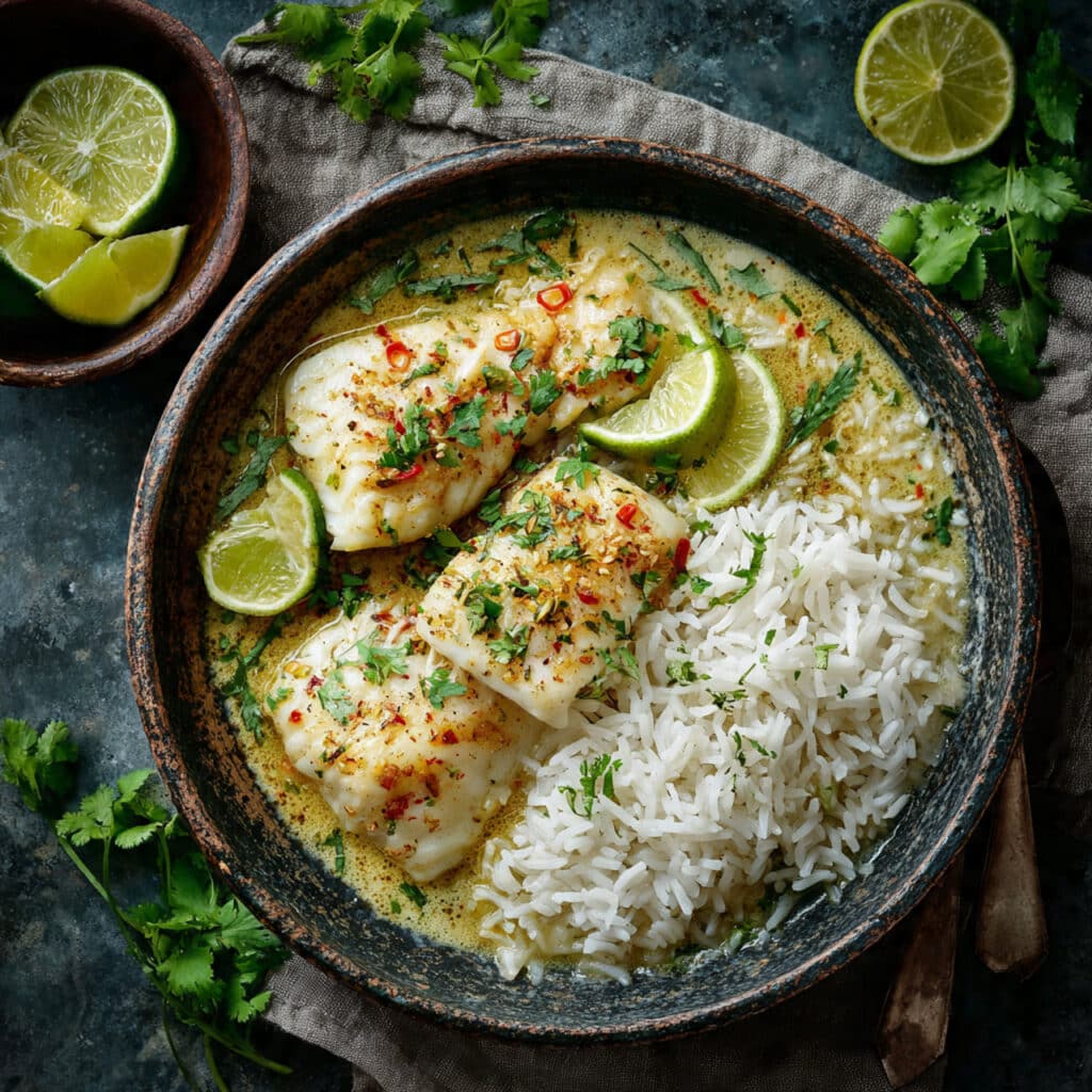 Coconut-Crusted Fish with Lime-Rice and Steamed Sukuma Wiki