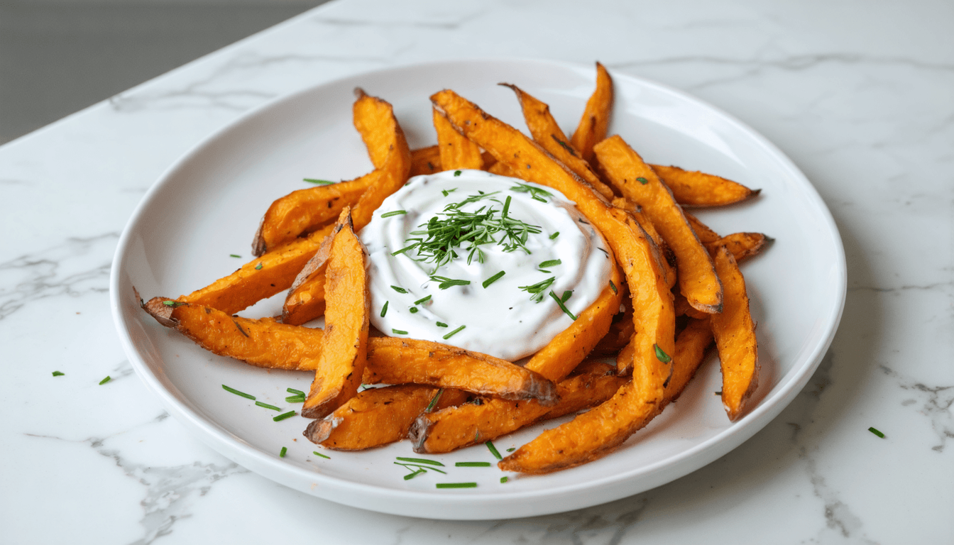Oven-Baked Sweet Potato Fries with Dill Yogurt Dip