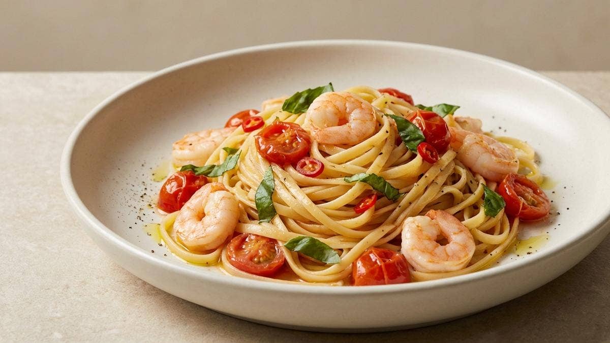 Pan-Seared Shrimp with Linguine and Cherry Tomatoes