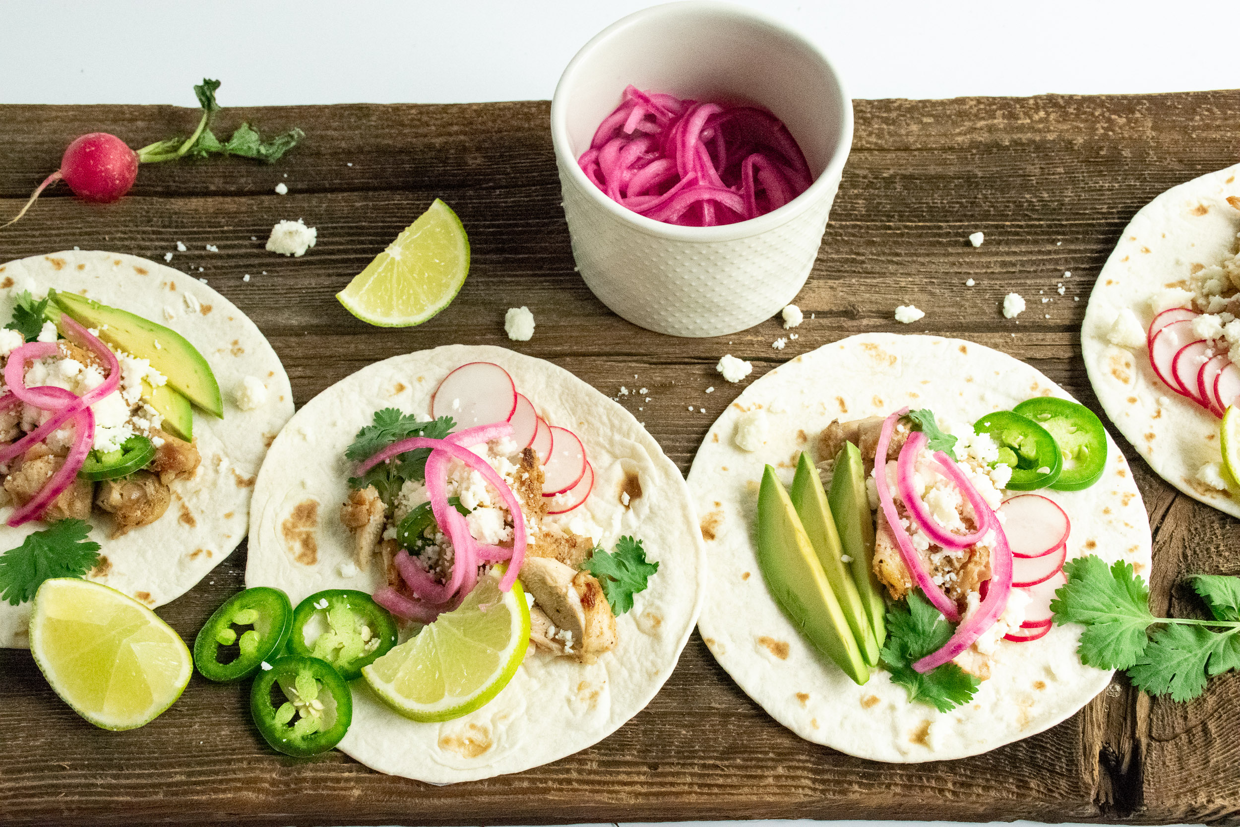 Double-Fried Chipotle Chicken Tacos with Pickled Onions